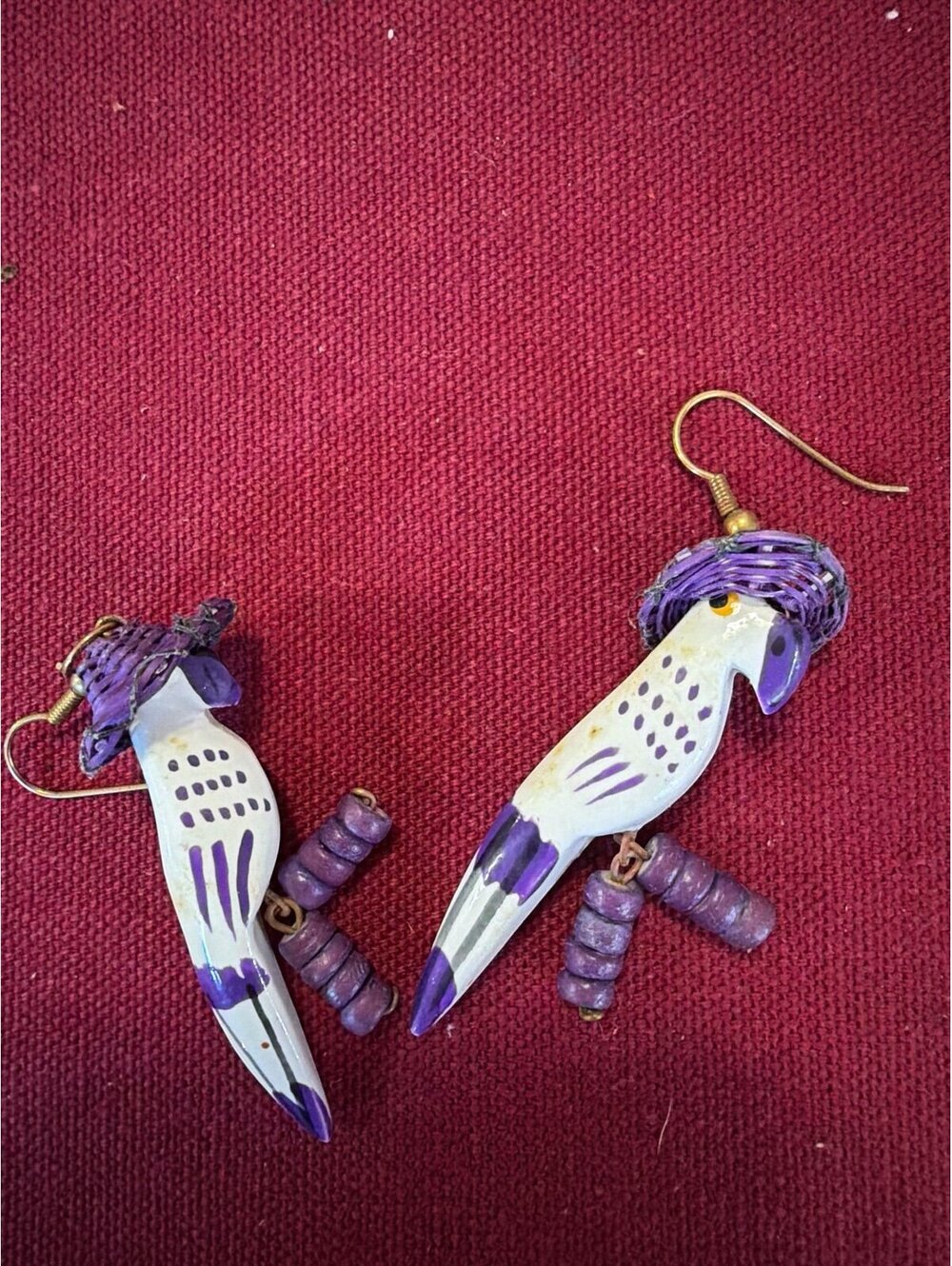 Handmade Parrot Dangle Earrings Purple White